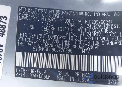 2012 Toyota Sienna Le V6 8 Passenger from USA, damaged, VIN 5TDKK3DC9CS276896